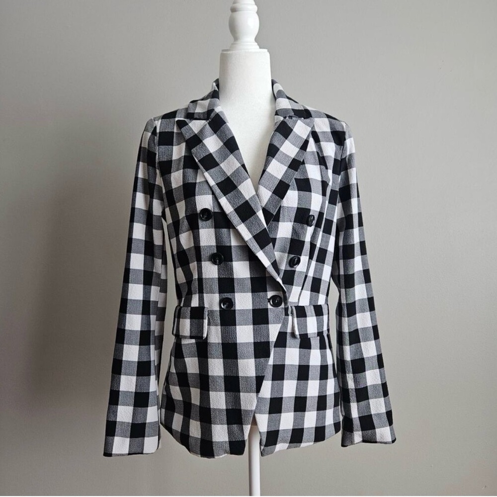 EUC Rachel Zoe Black & White Gingham Plaid Double Breasted Blazer Size Small